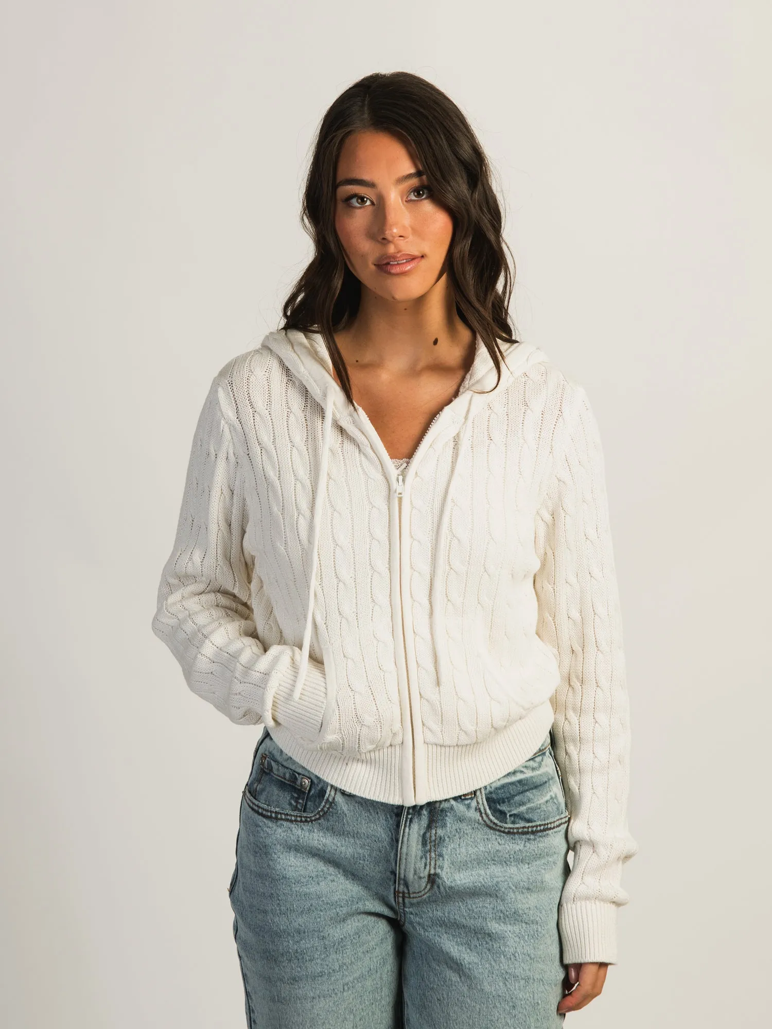 HARLOW MAUDE CABLE KNIT ZIP UP - OFF WHITE sold by Boathouse