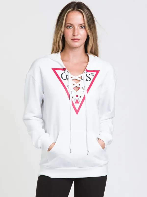 GUESS TRIANGLE LOGO FRONT LACE PULLOVER HOODIE - CLEARANCE sold by Boathouse