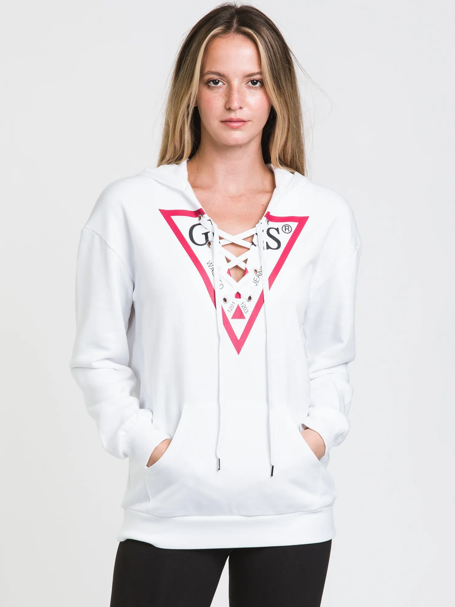 GUESS TRIANGLE LOGO FRONT LACE PULLOVER HOODIE - CLEARANCE sold by Boathouse