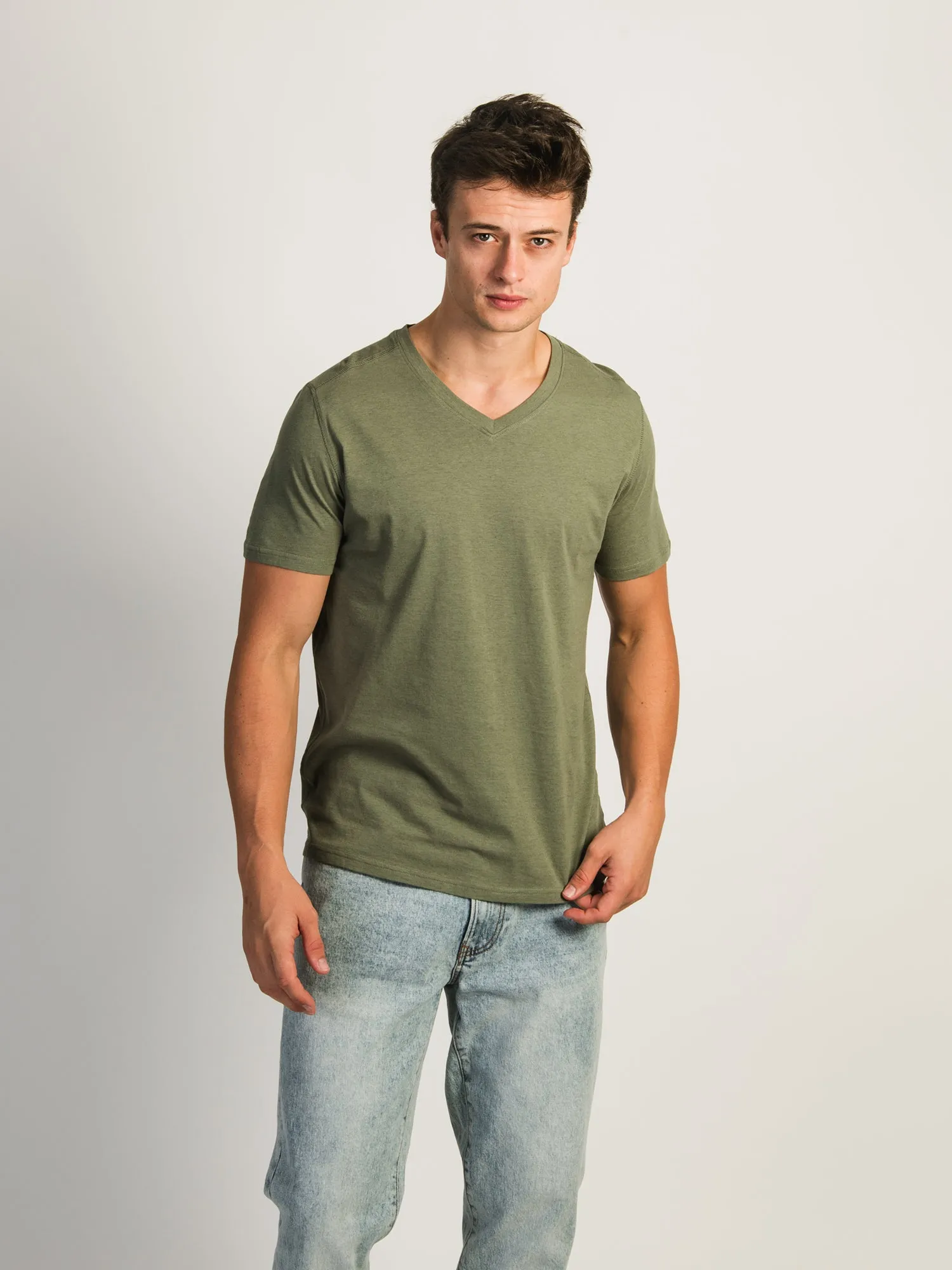 VICTOR V-NECK TEE- HEATHER OLIVE - CLEARANCE sold by Boathouse