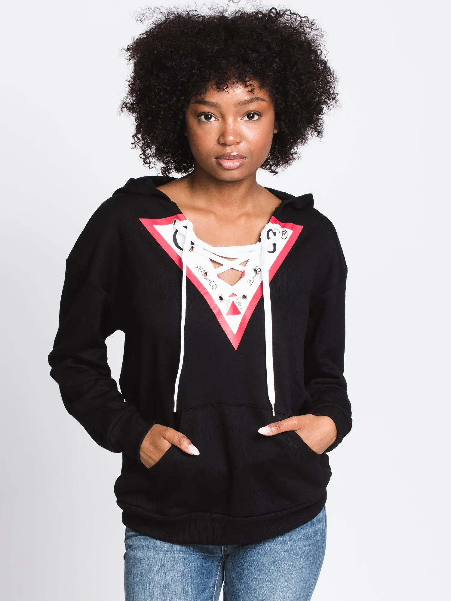 GUESS TRIANGLE LACE FRONT PULLOVER HOODIE - CLEARANCE sold by Boathouse