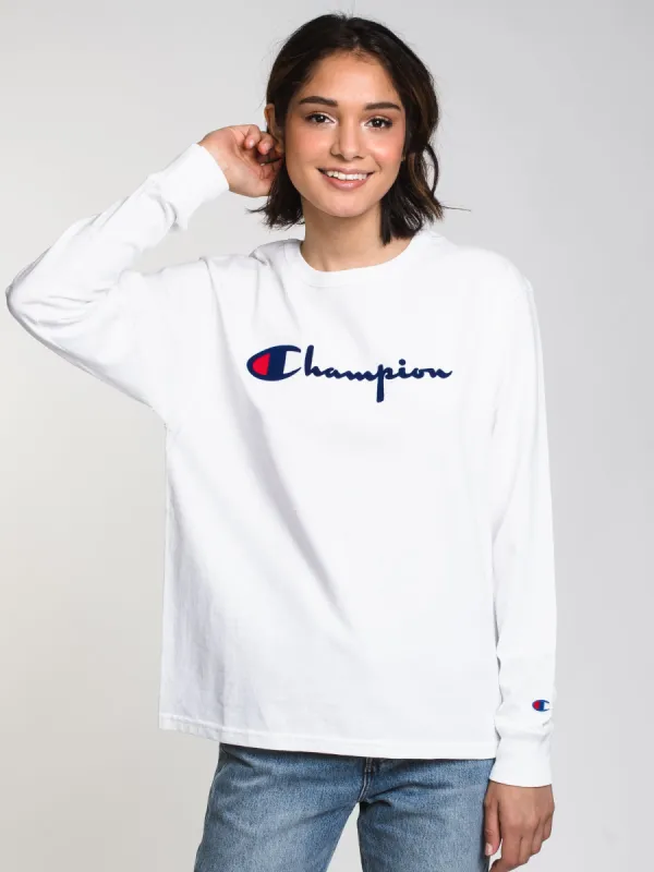 CHAMPION THE ORIGINAL LONG SLEEVE TEE FLOCK SCRIPT - CLEARANCE sold by Boathouse