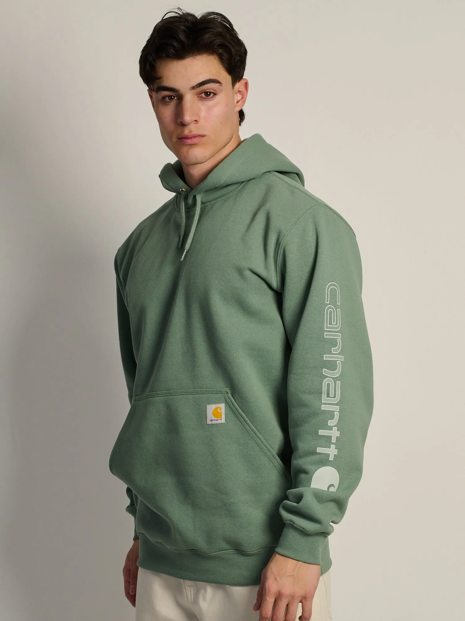 CARHARTT LOGO SLEEVE PULL OVER HOODIE - GREEN FOG sold by Boathouse
