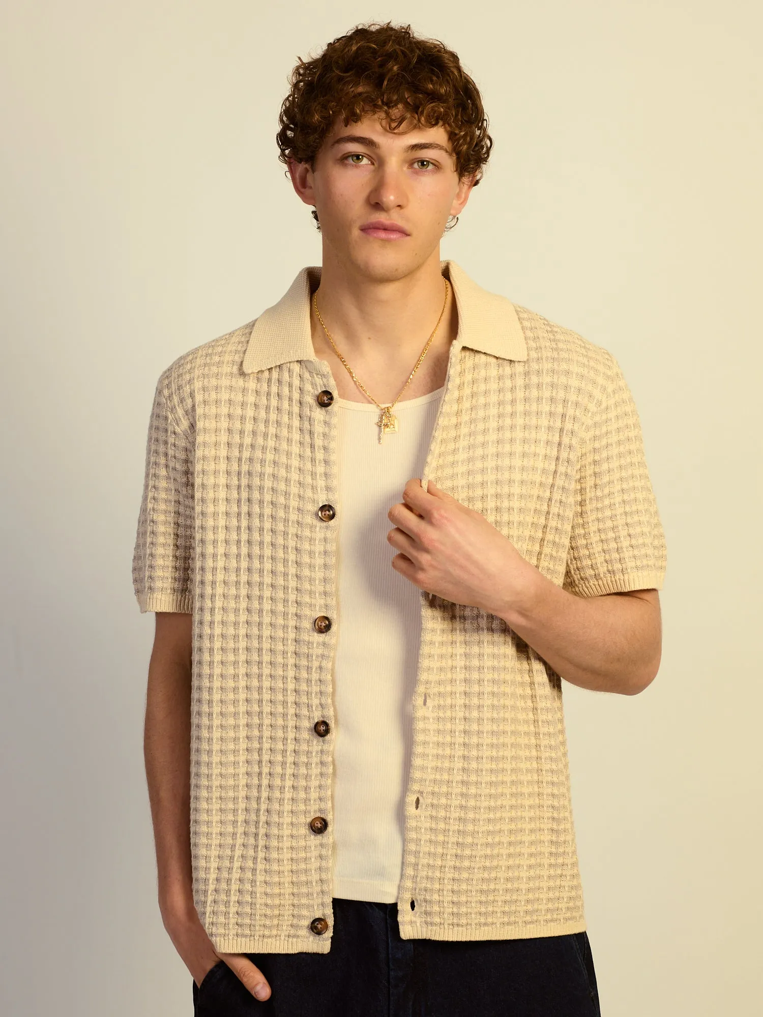 KOLBY RELAXED FIT KNIT BUTTON UP - IRON sold by Kolby