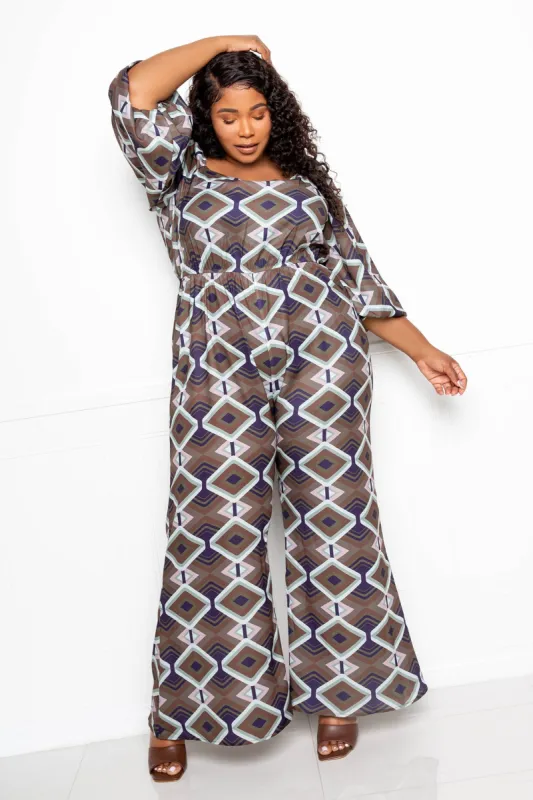 Geometric Print Flare Jumpsuit sold by Buxom Couture