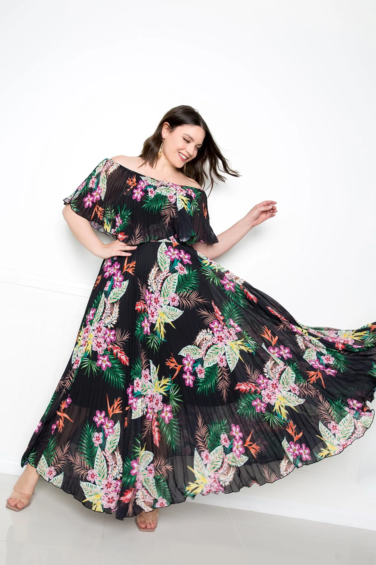 Off Shoulder Tropical Maxi Dress sold by Buxom Couture