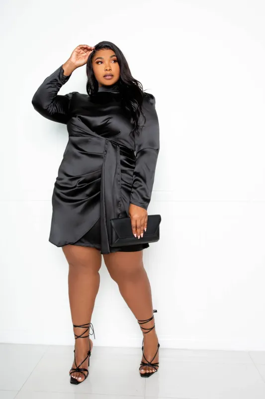 Satin Mock Neck Ruched Mini Dress sold by Buxom Couture