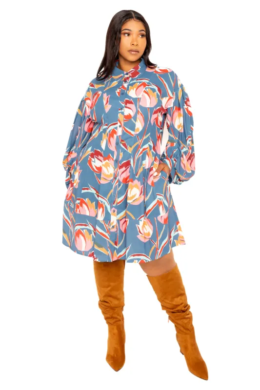 Floral Balloon Sleeve Shirt Dress sold by Buxom Couture