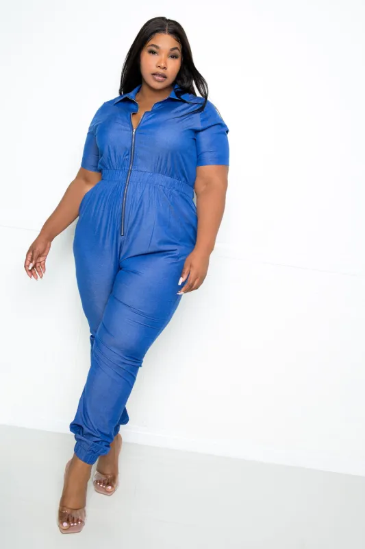 Zip up Denim Jumpusit sold by Buxom Couture