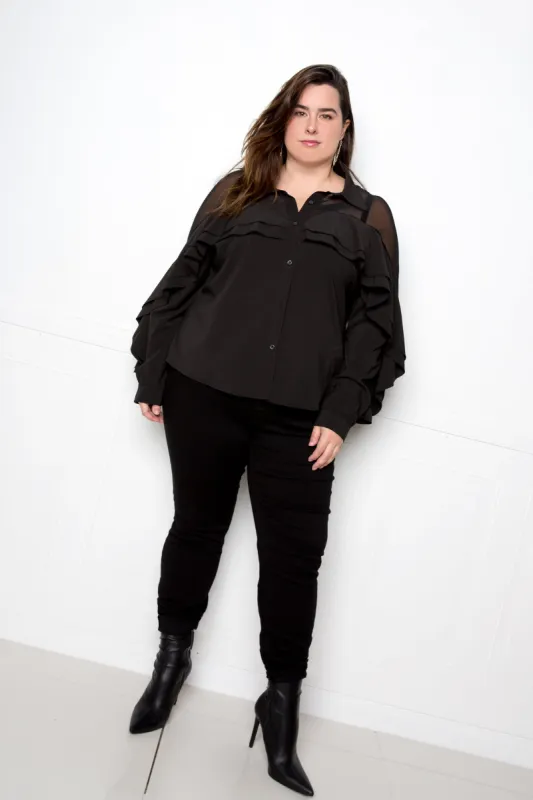 Ruffle Blouse with Mesh Inserts sold by Buxom Couture