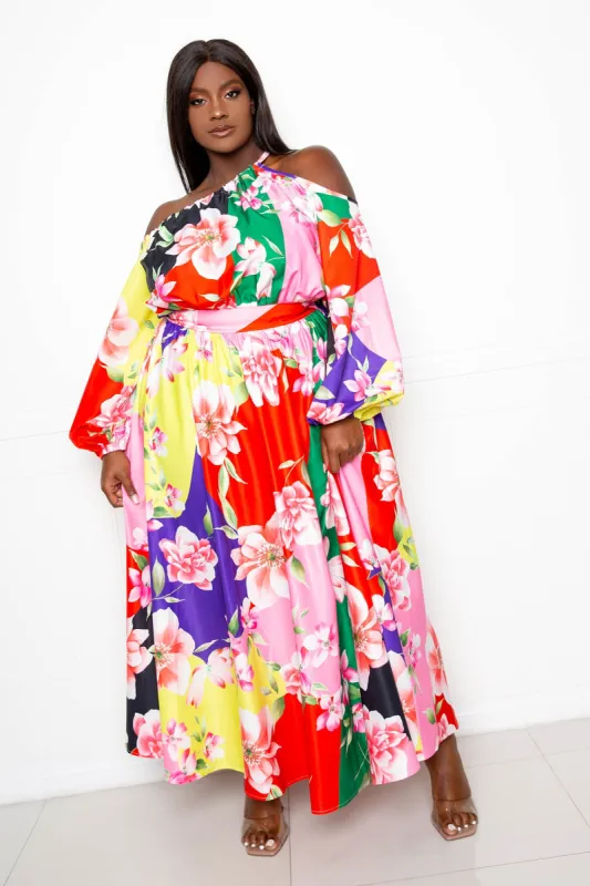 Floral Cut Out One Shoulder Maxi Dress sold by Buxom Couture