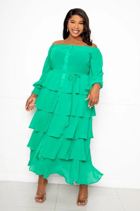 Off Shoulder Tiered Shirt Dress sold by Buxom Couture