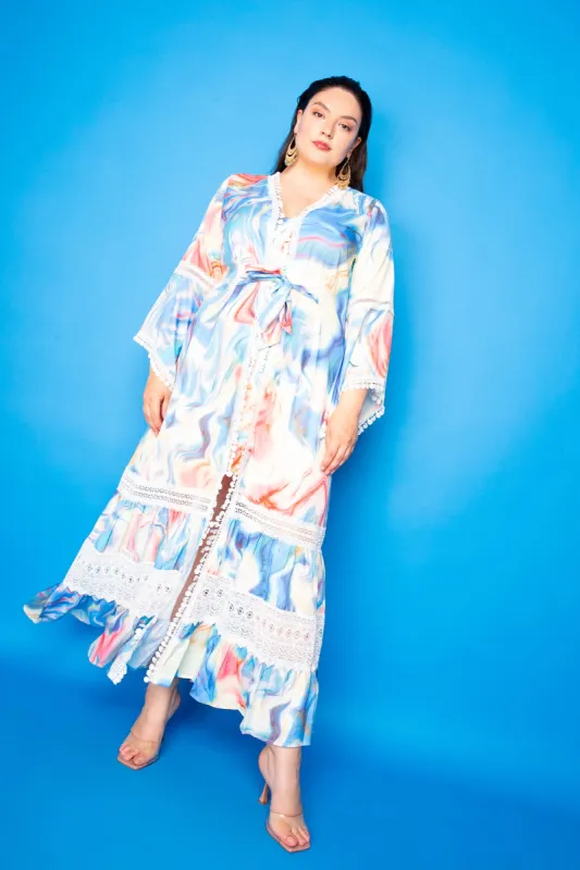 Long Print Dress with Lace Insert sold by Buxom Couture