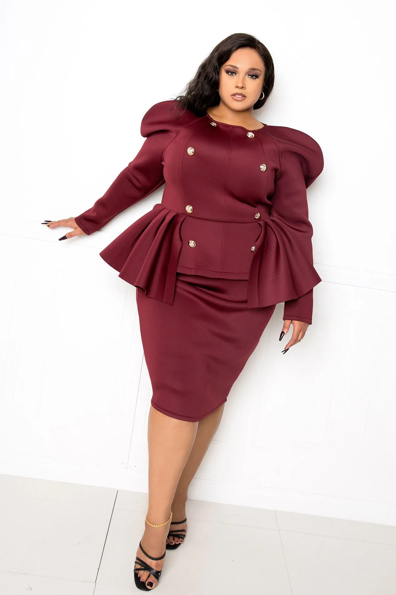 Power Shoulder Peplum Dress sold by Buxom Couture