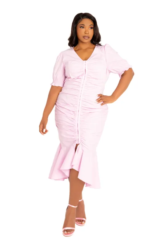 Ruched Fishtail Midi Dress sold by Buxom Couture