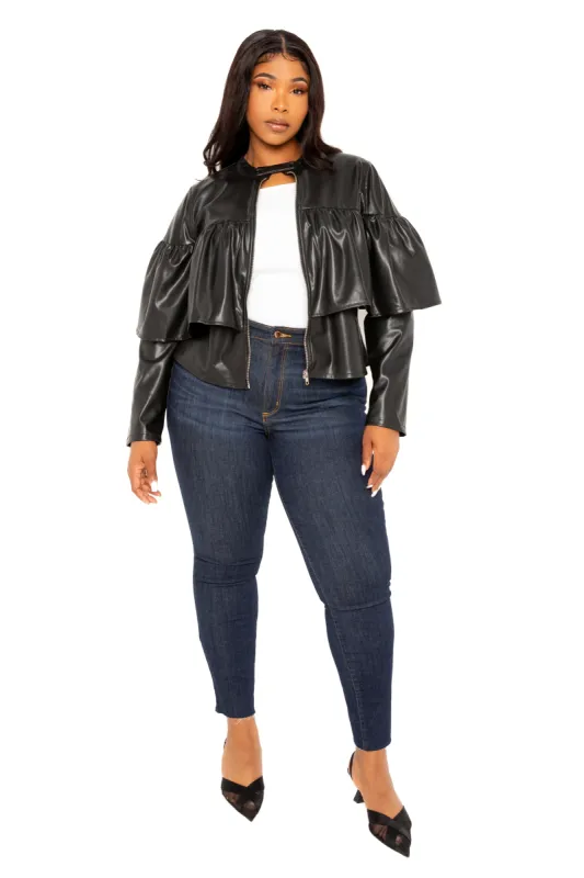 Faux Leather Cropped Ruffle Moto Jacket sold by Buxom Couture