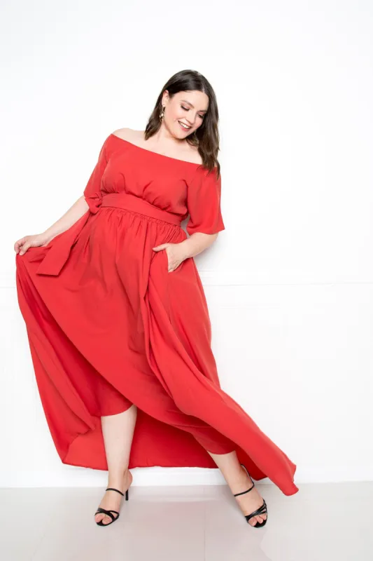 Off Shoulder Chiffon Maxi Dress sold by Buxom Couture