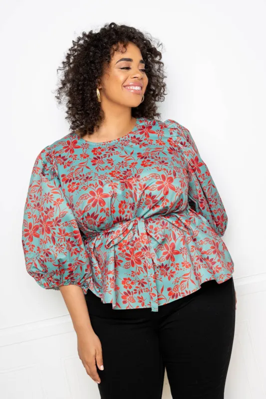 Floral Voluminous Peplum Top sold by Buxom Couture