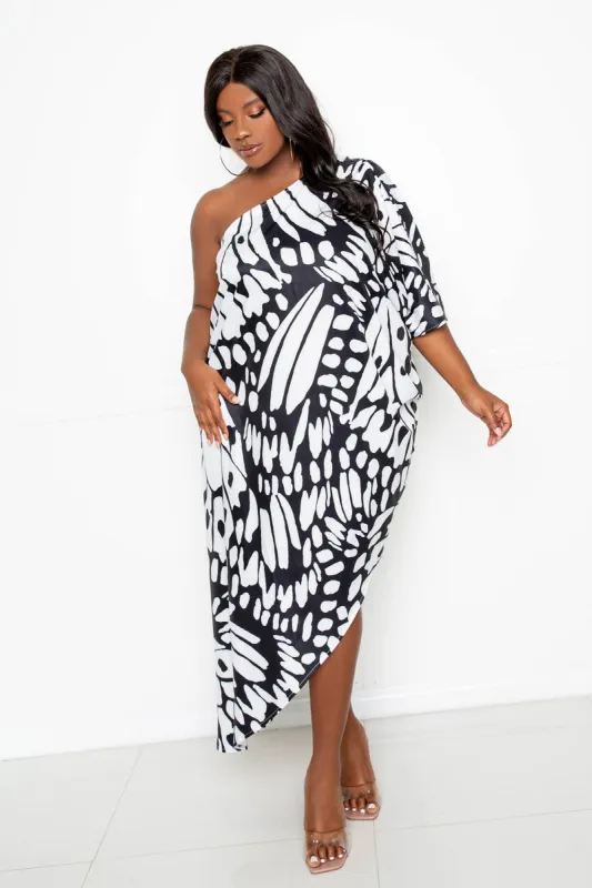 Butterfly Print One Shoulder Asymmetrical Shift Dress sold by Buxom Couture