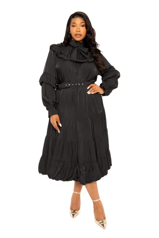 Tie Neck Bib Bubbled Hem Midi Dress sold by Buxom Couture