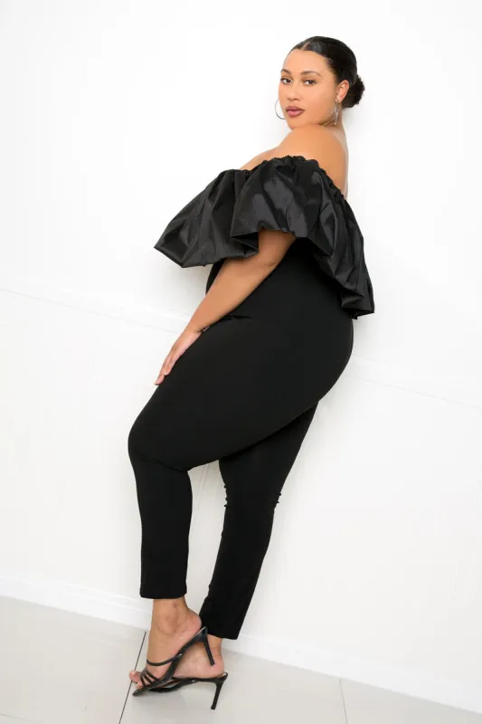 Drape Off Shoulder Jumpsuit made by Buxom Couture