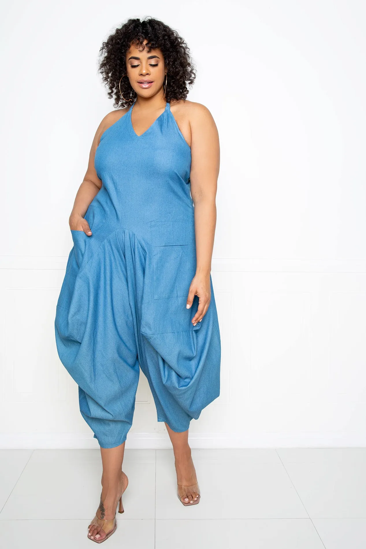 Halter Neck Denim Jumpsuit sold by Buxom Couture