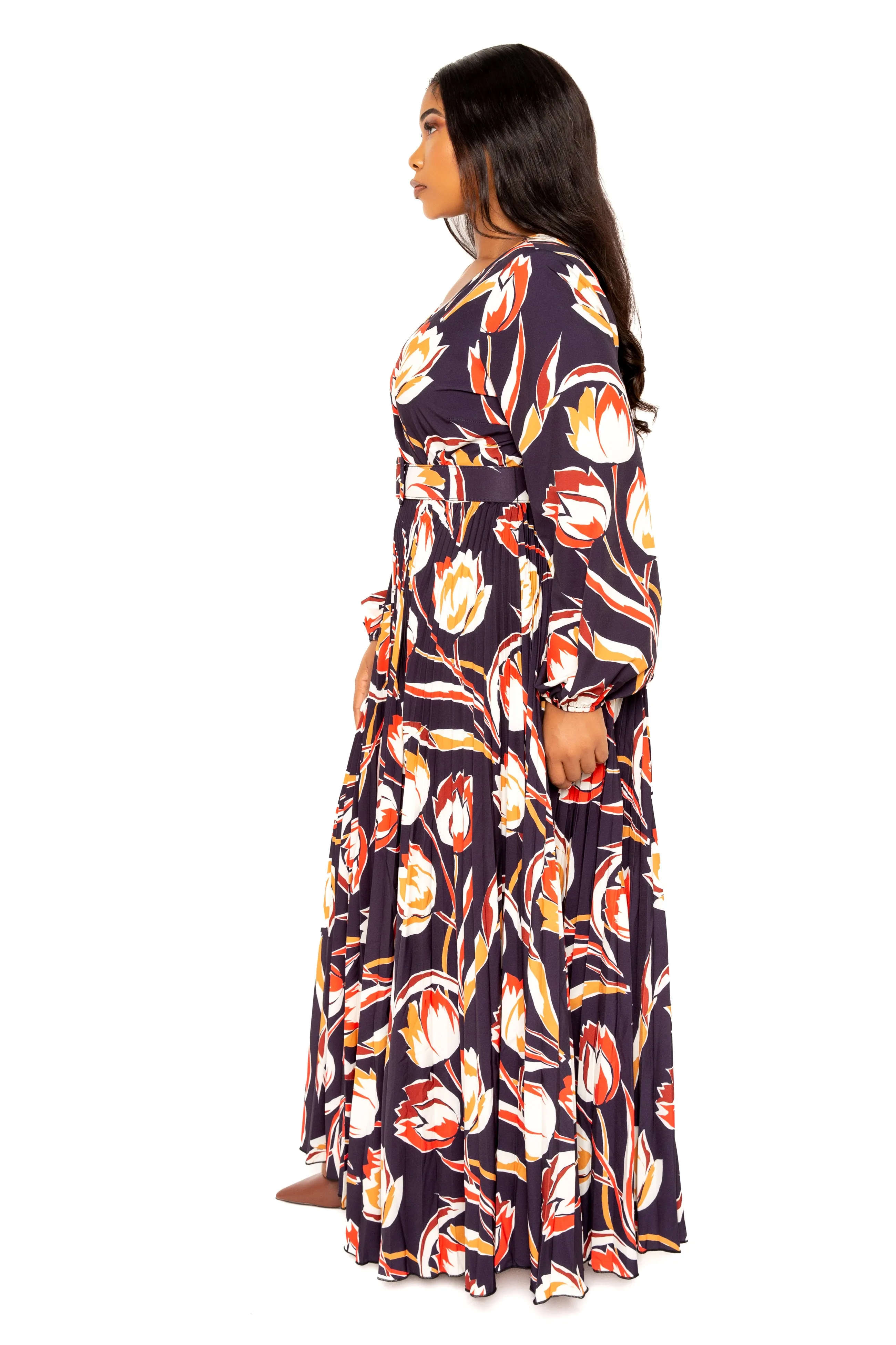 Floral Pleated Maxi Dress with Belt sold by Buxom Couture product image thumbnail 2