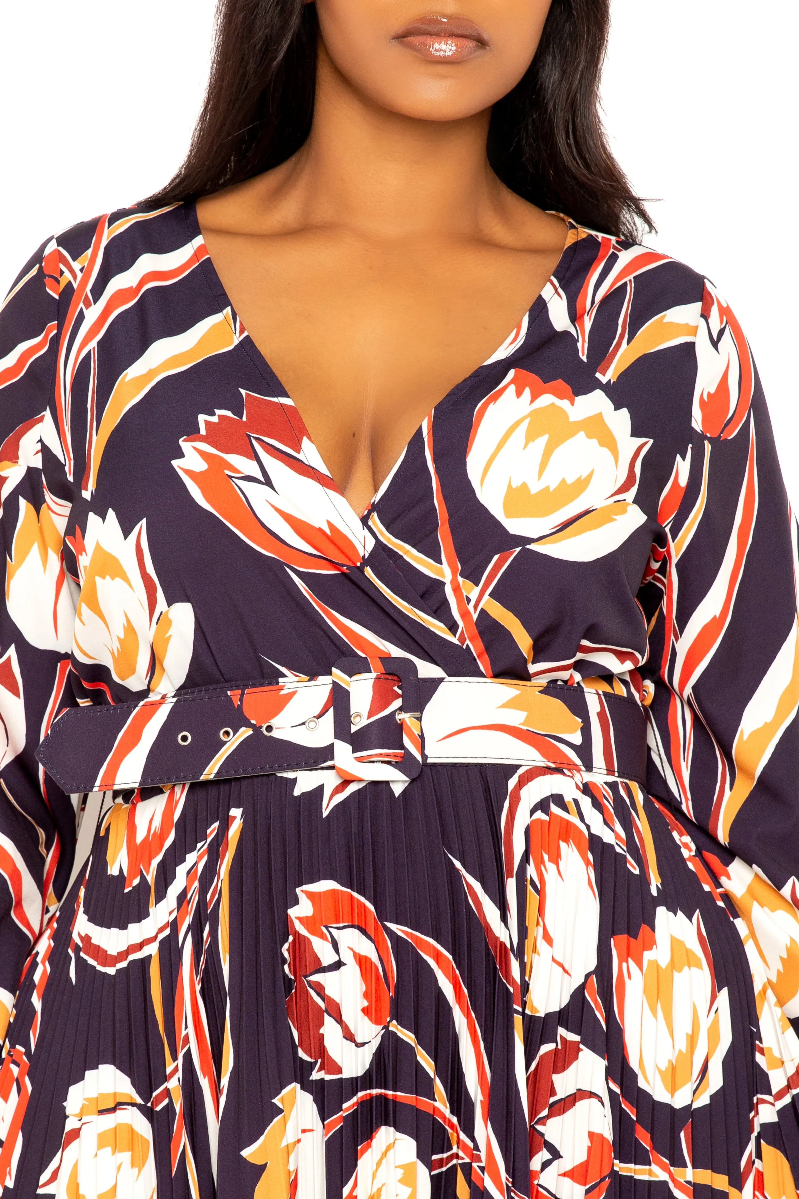 Floral Pleated Maxi Dress with Belt sold by Buxom Couture product image thumbnail 4