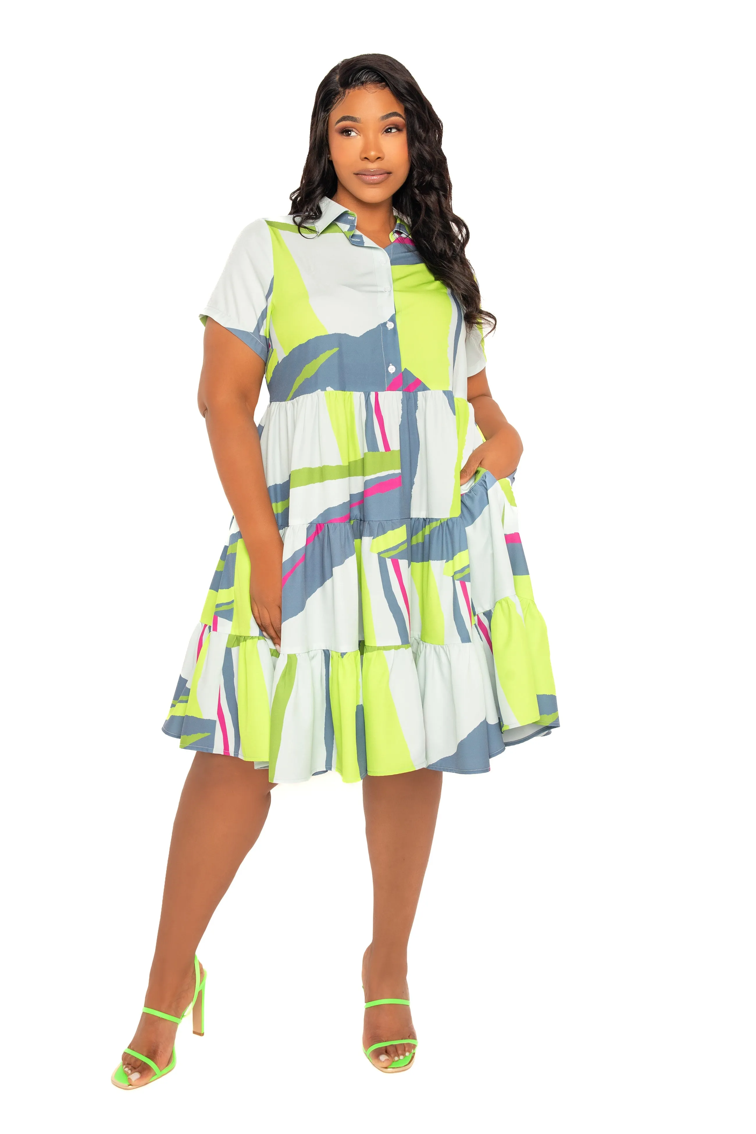 Print Tiered Mini Shirt Dress sold by Buxom Couture