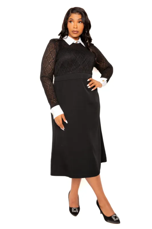 Lace Midi Dress with Detachable Collar & Cuffs sold by Buxom Couture