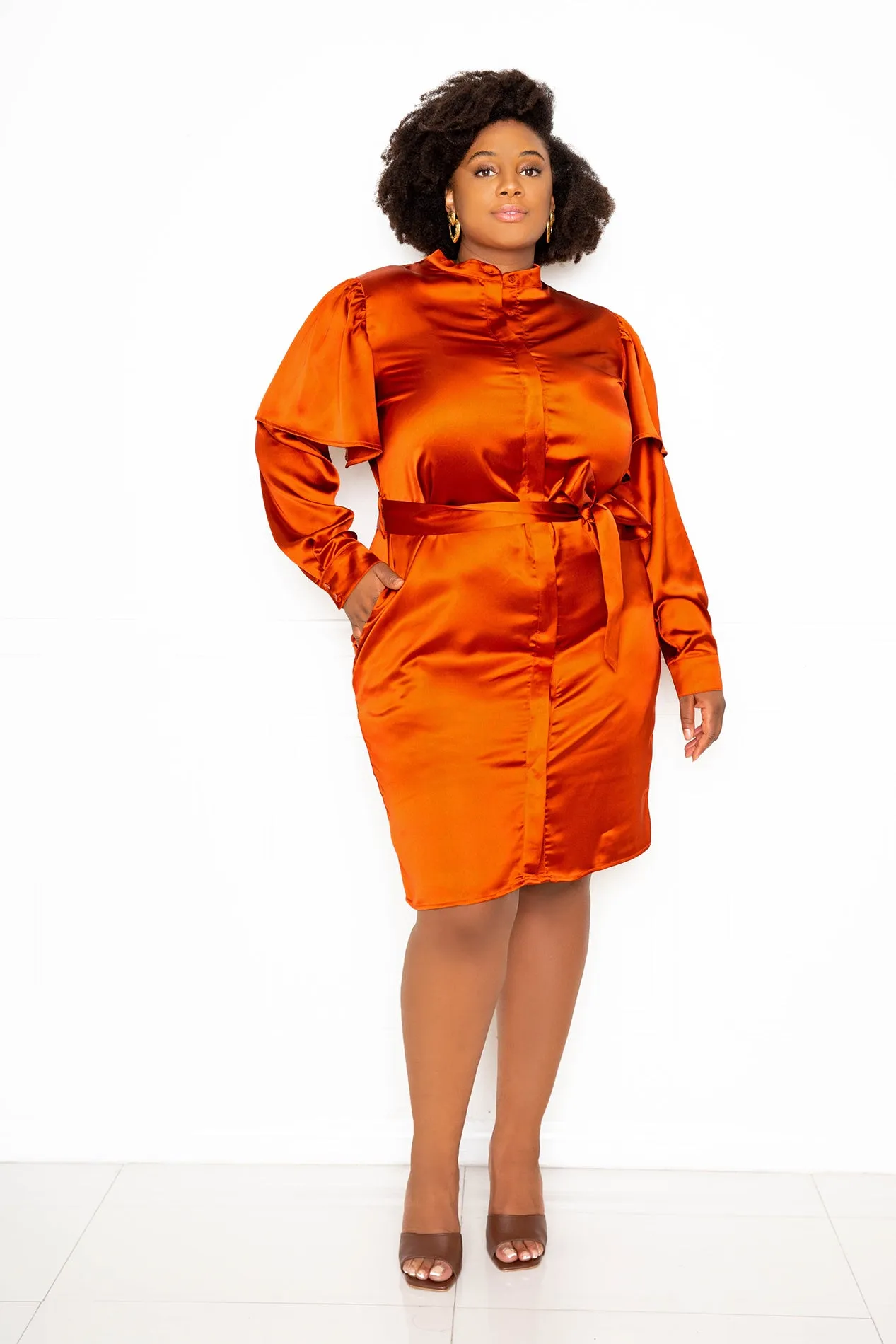 Cape Sleeve Satin Shirt Dress sold by Buxom Couture