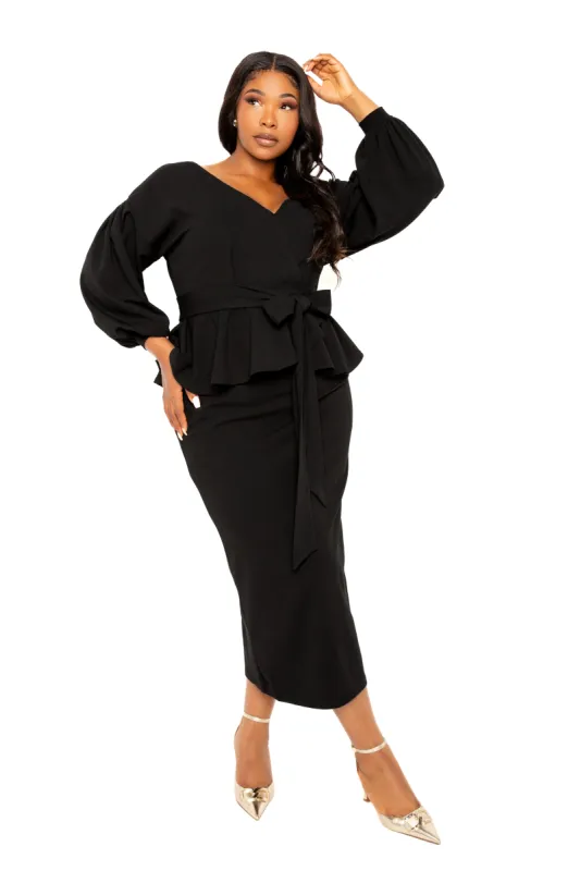 Off Shoulder Peplum Midi Dress sold by Buxom Couture