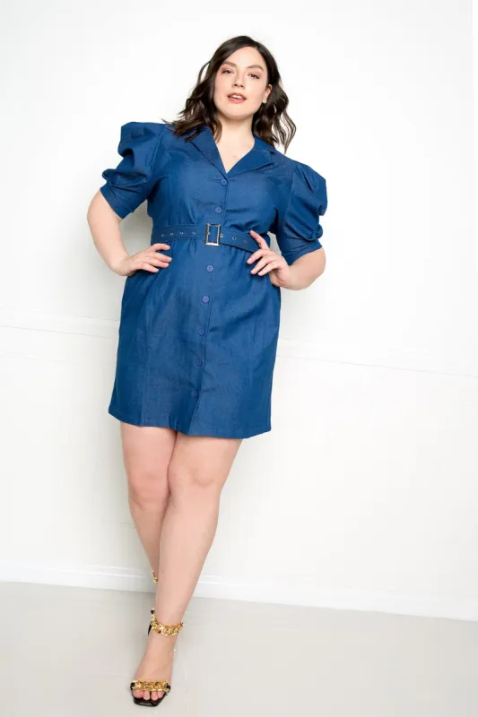 Denim Mini Dress with Shoulder Accent sold by Buxom Couture