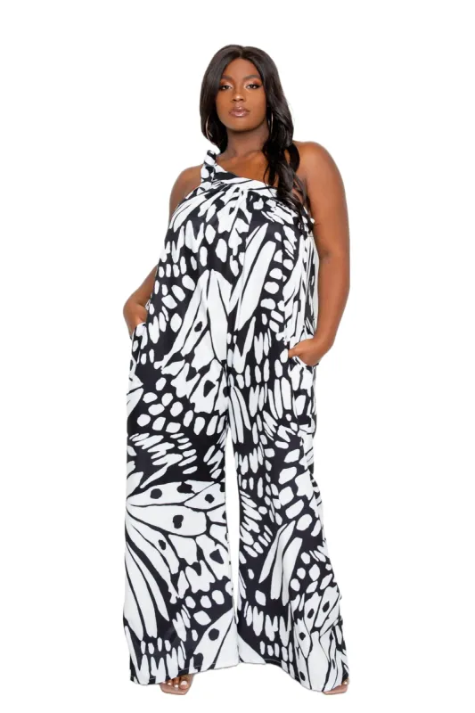 Butterfly Print One Shoulder Tie Jumpsuit sold by Buxom Couture