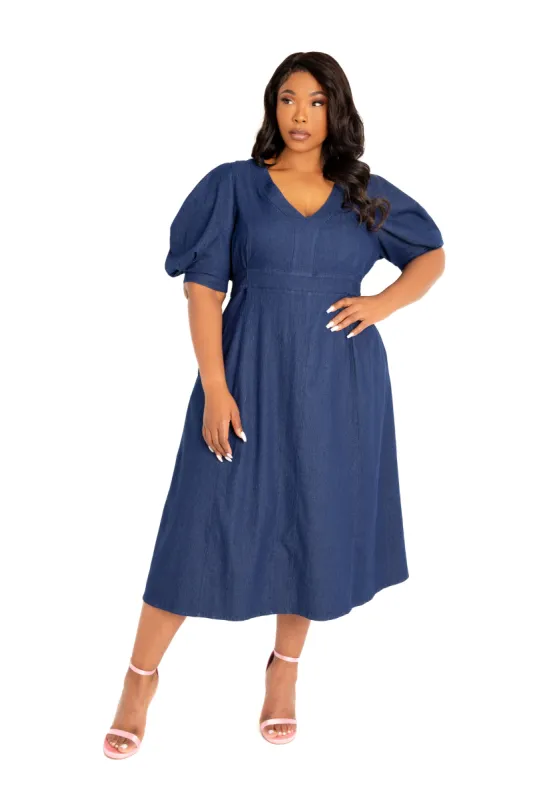 V- Neck Puff Sleeve Denim Dress sold by Buxom Couture
