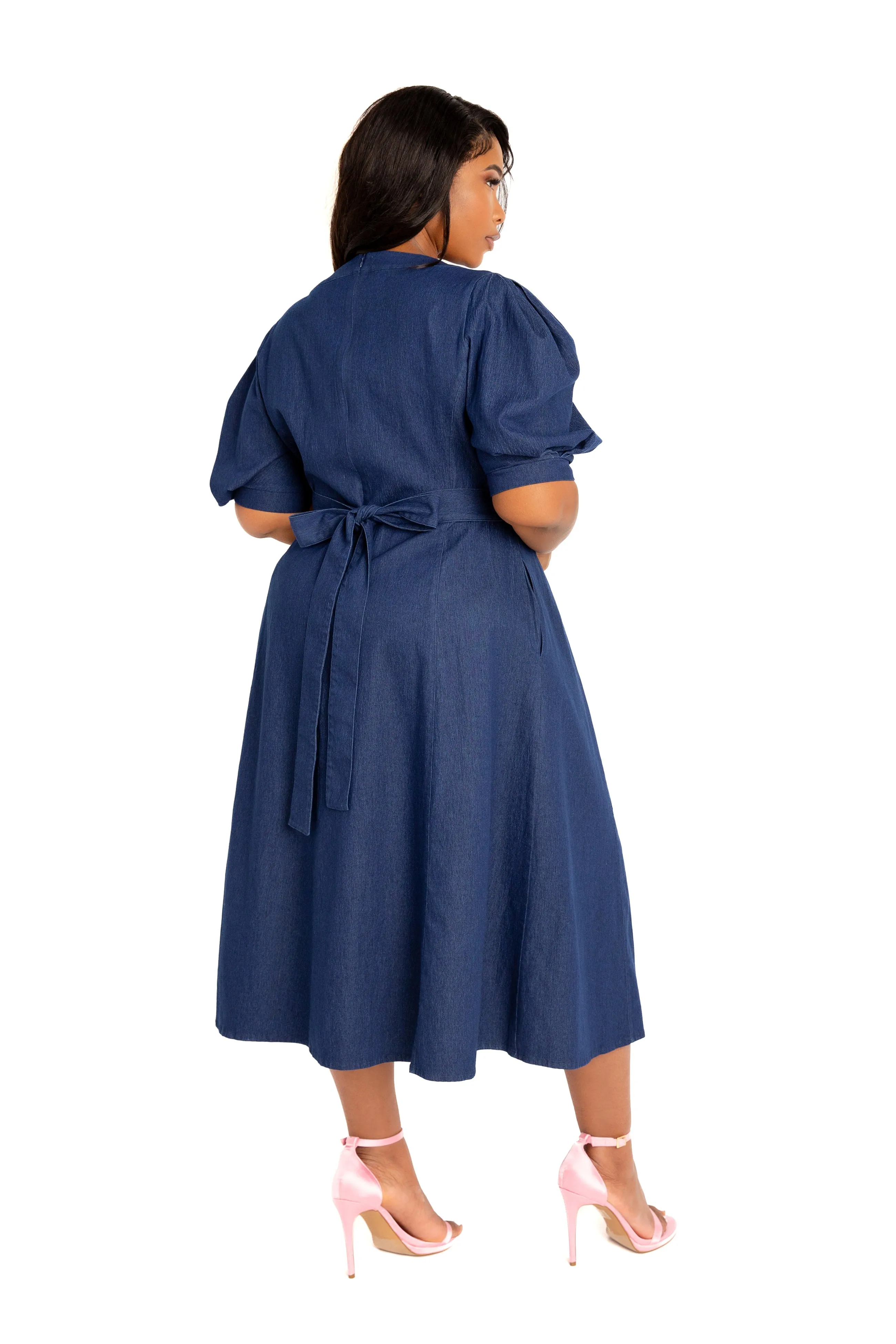V- Neck Puff Sleeve Denim Dress sold by Buxom Couture product image thumbnail 3