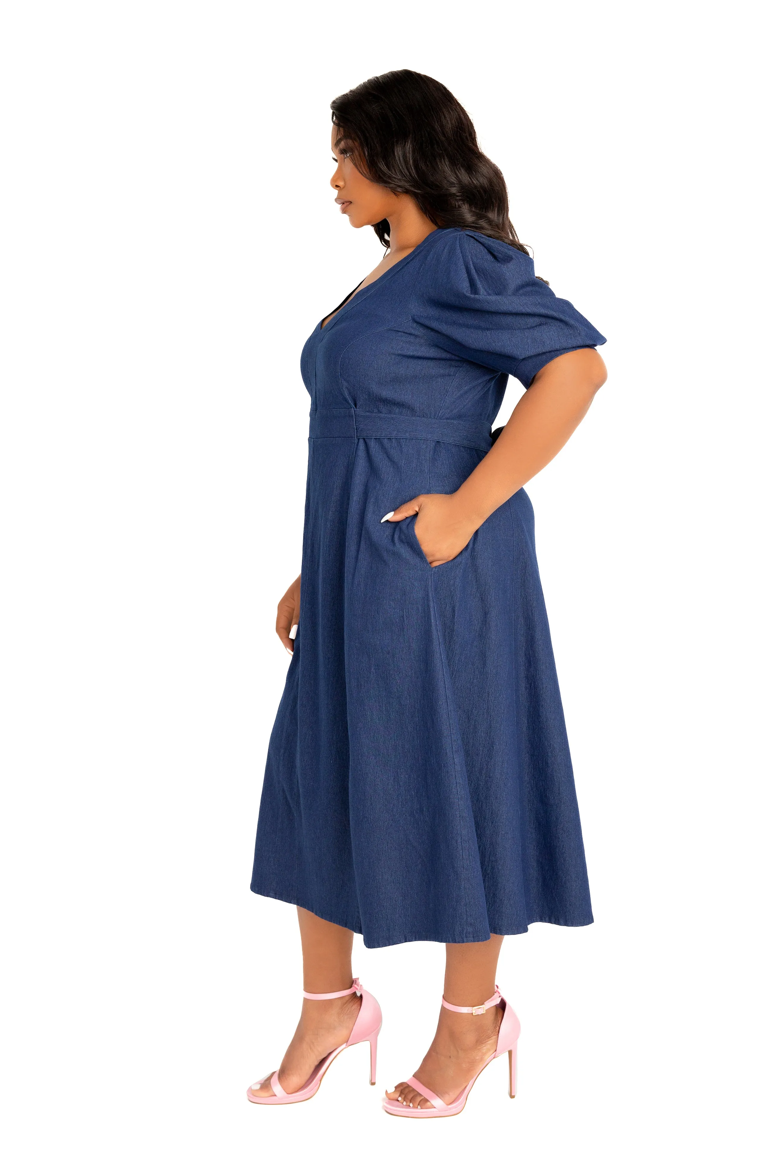 V- Neck Puff Sleeve Denim Dress sold by Buxom Couture product image thumbnail 2