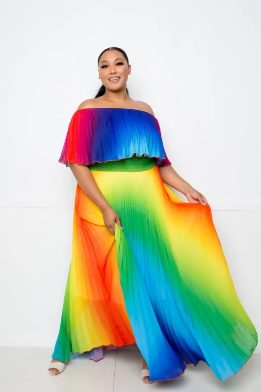 Off Shoulder Rainbow Maxi Dress sold by Buxom Couture
