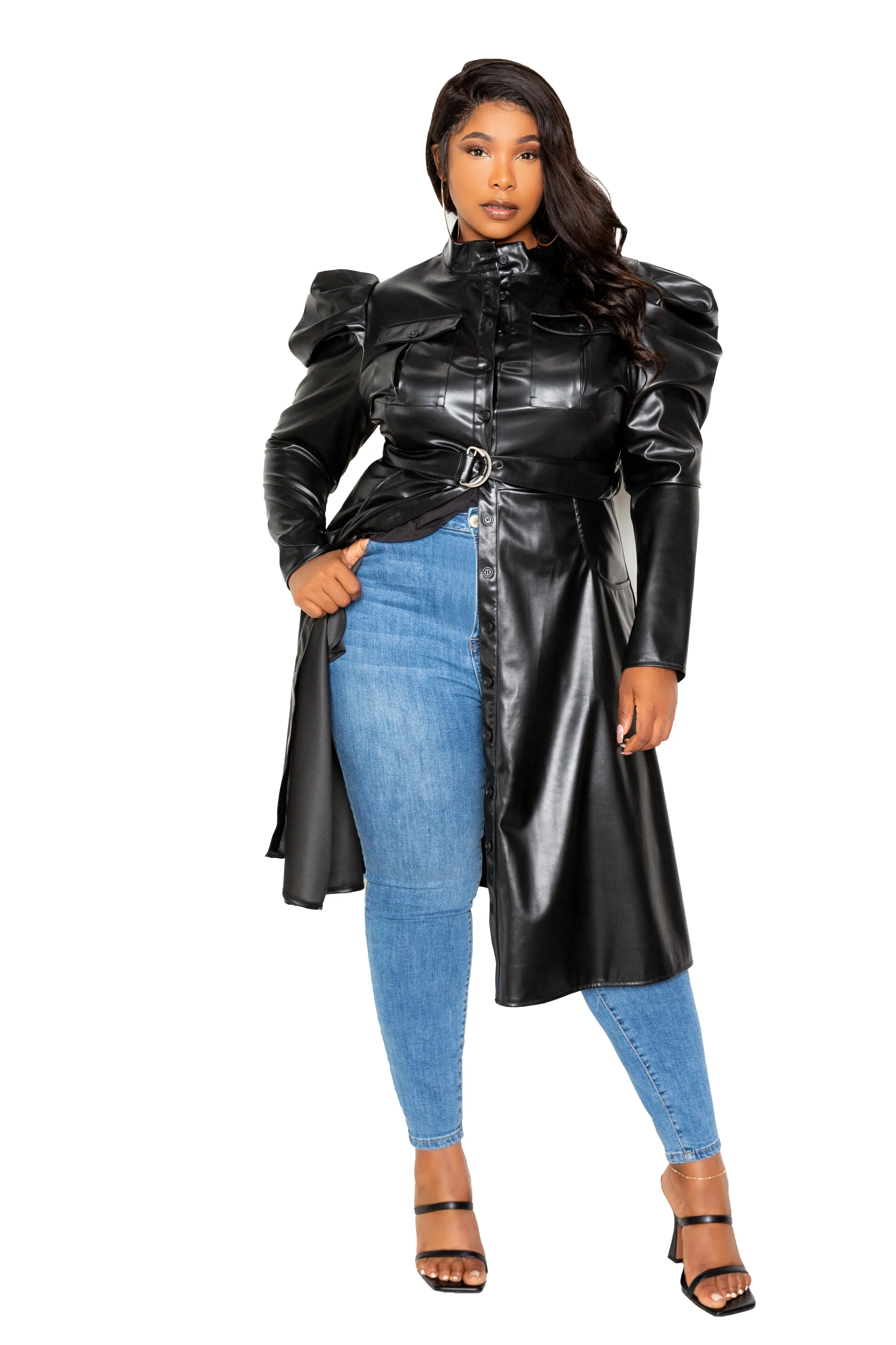 Faux Leather Puff Sleeve Shirtdress sold by Buxom Couture product image thumbnail 2