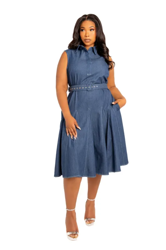 Sleeveless Denim Shirtdress with Contrasting Stitching sold by Buxom Couture