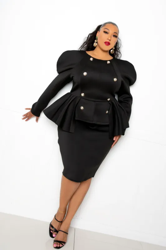 Power Shoulder Peplum Dress sold by Buxom Couture