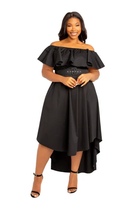 Off Shoulder Flounce High Low Dress sold by Buxom Couture