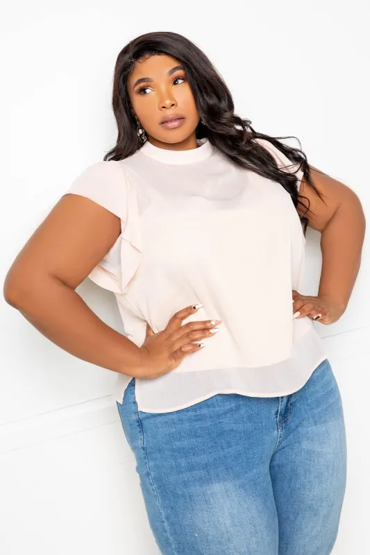 Mock Neck Flutter Sleeve Blouse sold by Buxom Couture