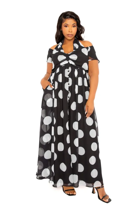 Polka Dot Halter Off Shoulder Maxi Dress sold by Buxom Couture