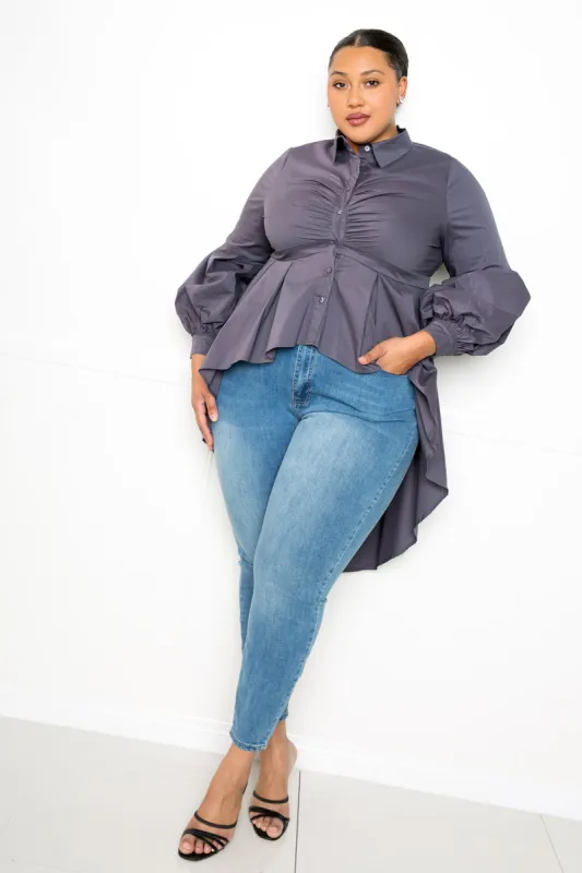 Poplin Hi-Lo Peplum Blouse sold by Buxom Couture