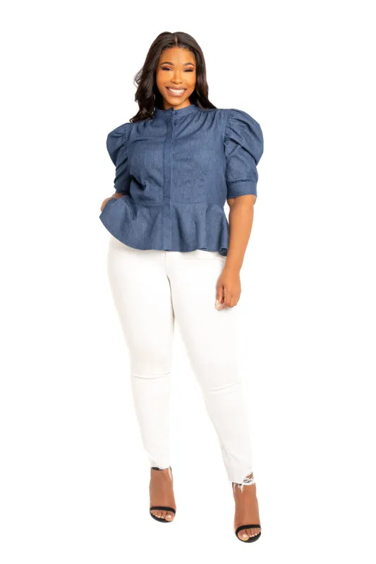 Ruched Sleeve Denim Peplum Blouse sold by Buxom Couture
