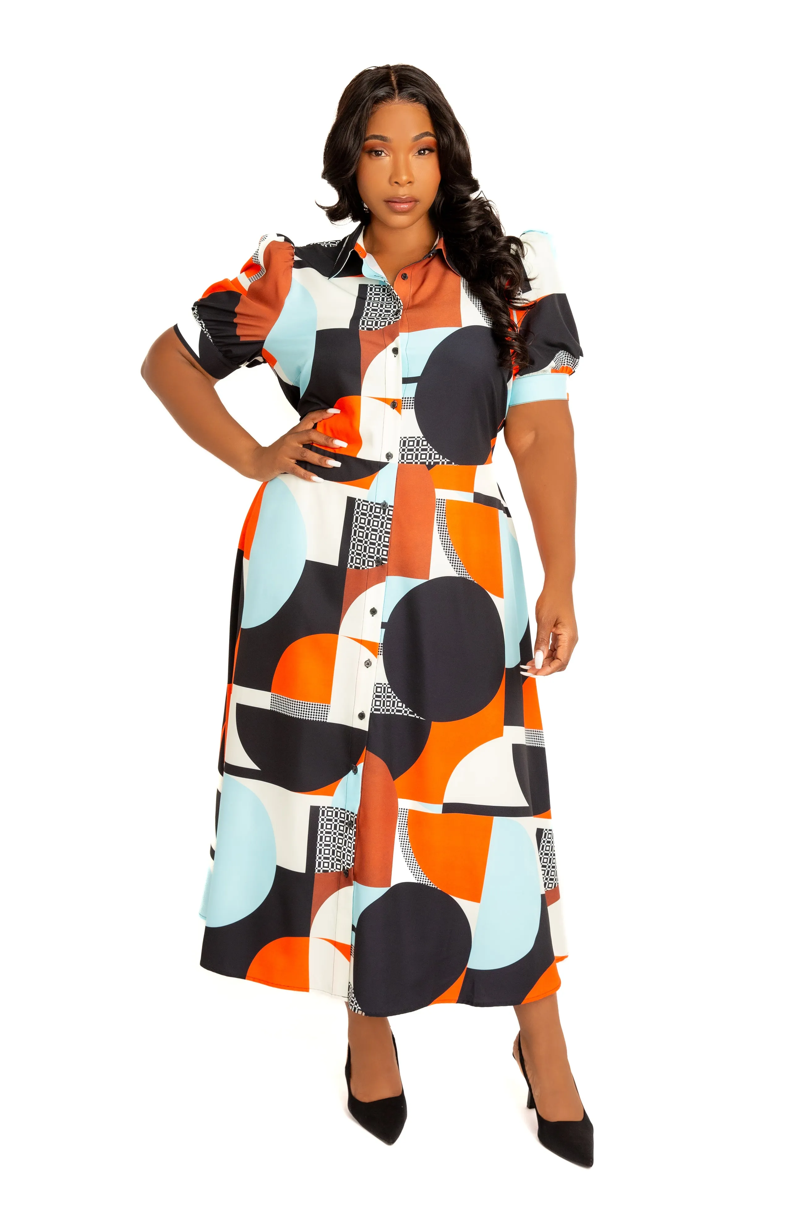 Geometric Print Puff Sleeve Shirtdress with Tie Waist Detail sold by Buxom Couture product image thumbnail 2