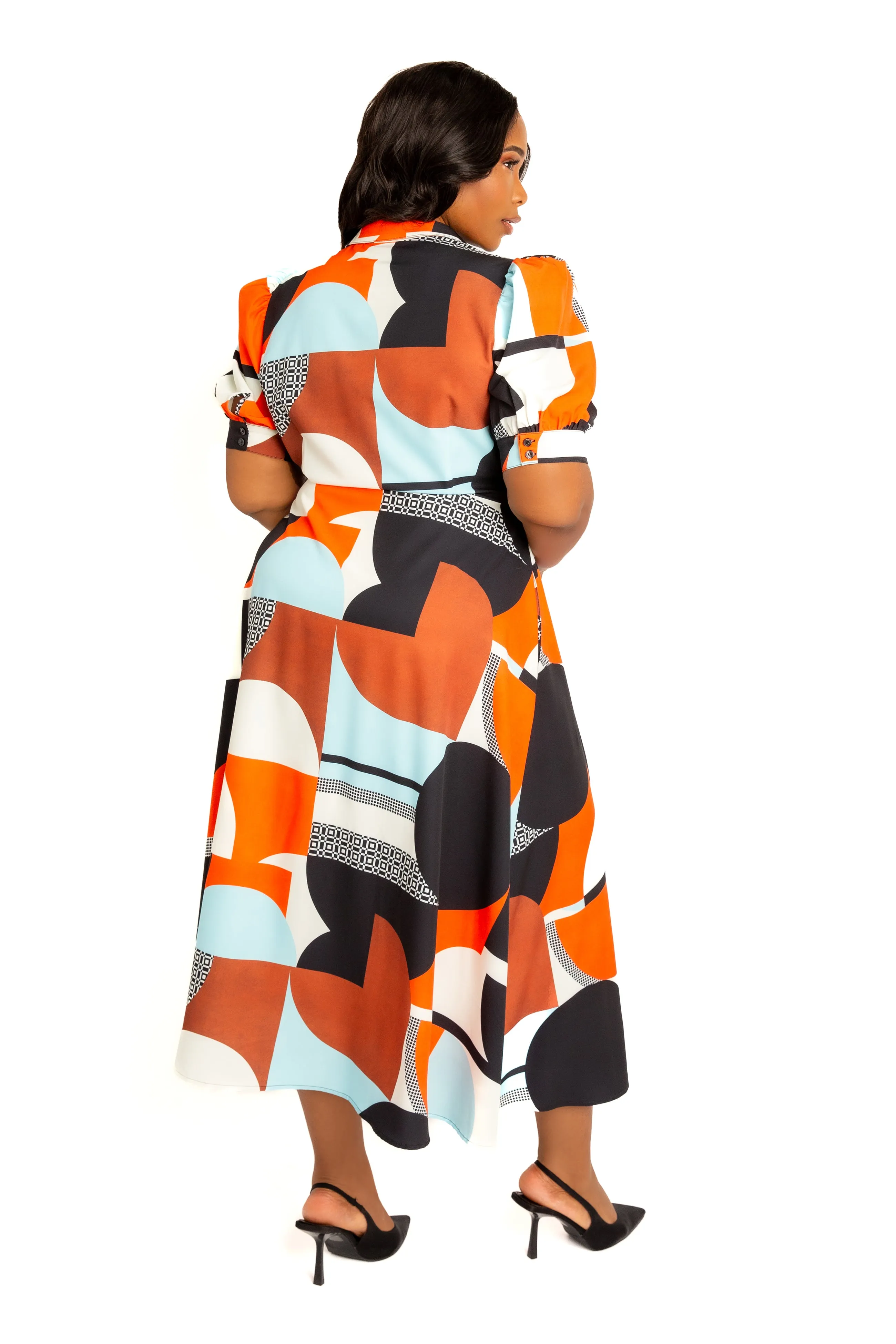Geometric Print Puff Sleeve Shirtdress with Tie Waist Detail sold by Buxom Couture product image thumbnail 5