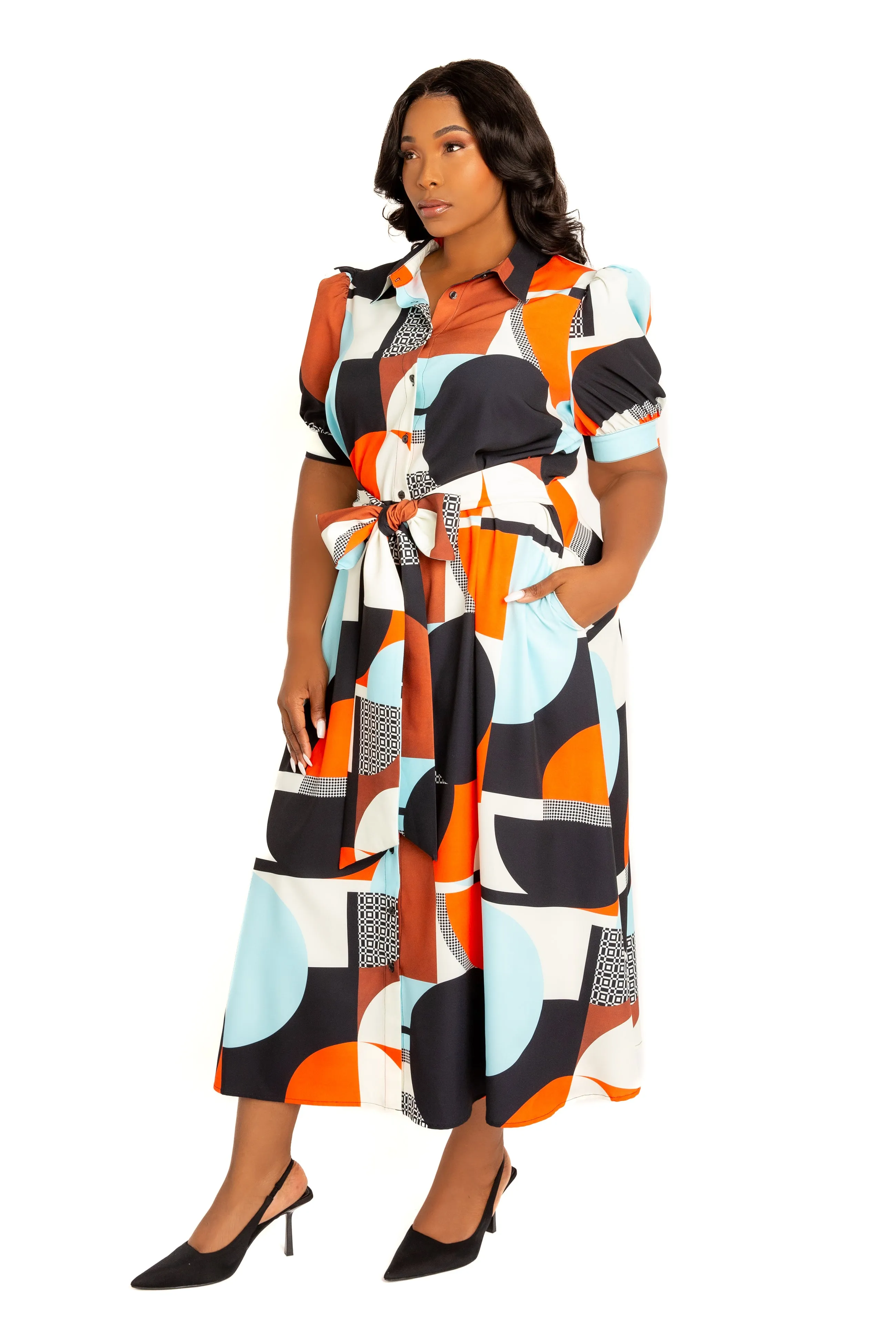 Geometric Print Puff Sleeve Shirtdress with Tie Waist Detail sold by Buxom Couture product image thumbnail 3