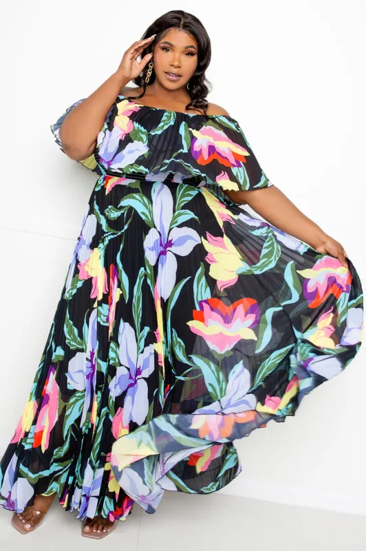 Floral Pleated Maxi Dress sold by Buxom Couture